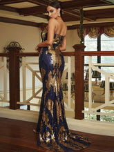 Strapless Floor Length Sequin Maxi Blue Evening Dress